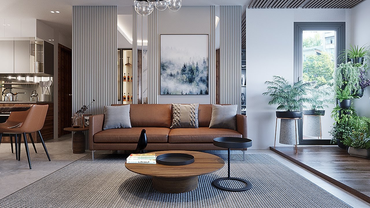 Sử dụng các màu sắc đối nghịch làm điểm nhấn trong không gian phòng khách như màu sofa và ghế bàn ăn, sử dụng các vật liệu trang trí đơn giản nhưng không kém phần sang trọng.