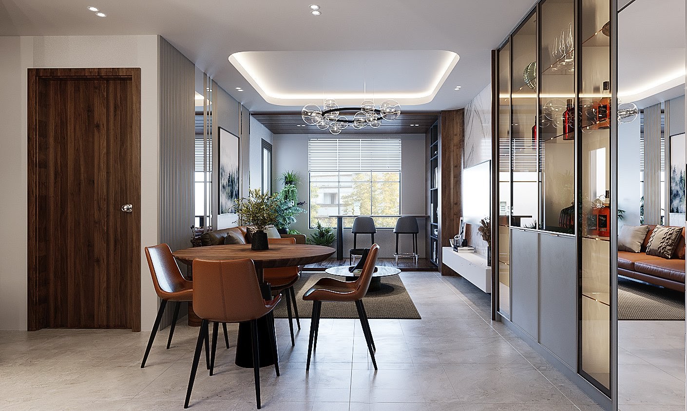 Điểm nhấn là bộ bàn ăn, trần thạch cao được đóng bo cong và khu vực sinh hoạt chung phòng khách.