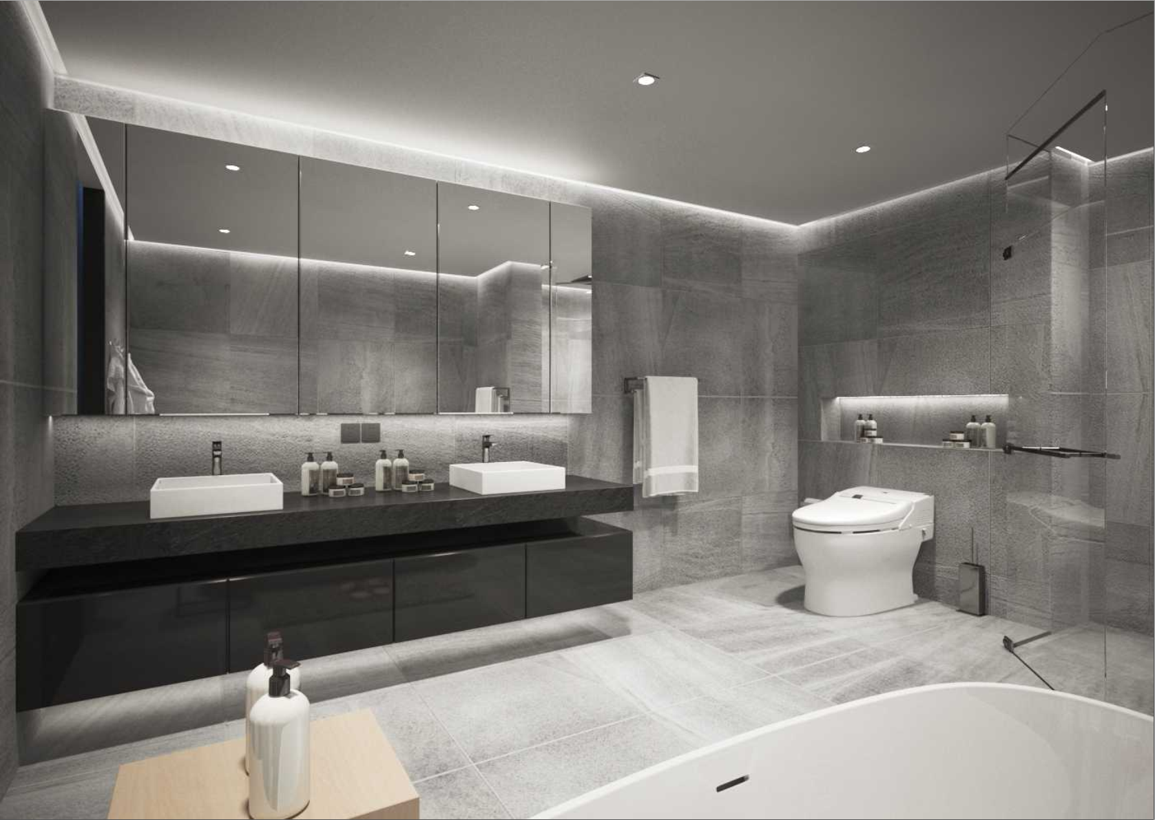 Toilet Master với không gian rộng rãi, điểm nhấn ánh sáng và tủ lavabo đen