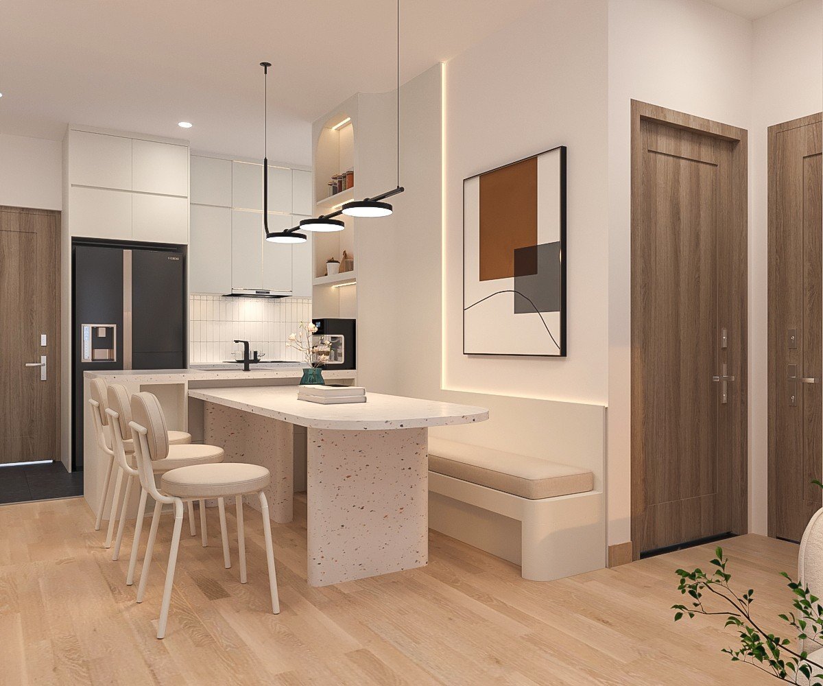 Thiết kế bếp kết hợp bàn ăn tinh gọn. màu sắc ấm với nguồn ánh sáng decor hiện đại