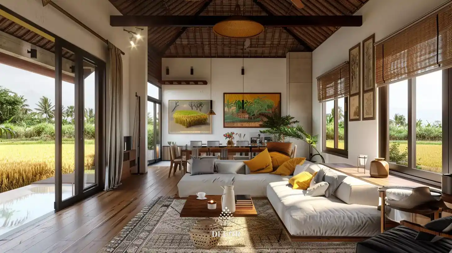 nội thất phòng khách mang phong cách đồng quê, mang cảm giác gần gũi, không gian ấm cúng