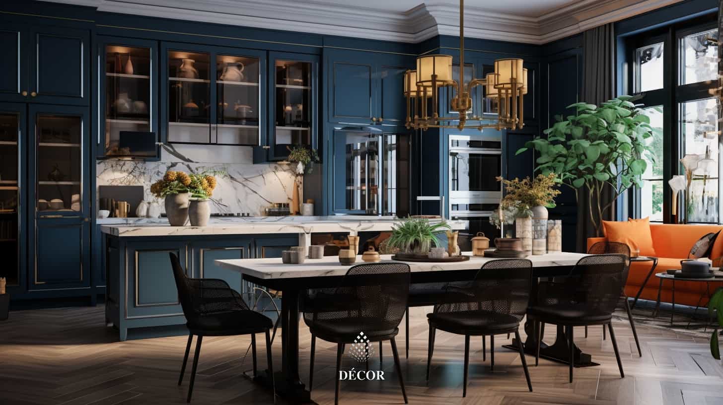 Thiết kế bếp indochine với gam màu xanh ngọc, không gian sang trọng, cổ điển