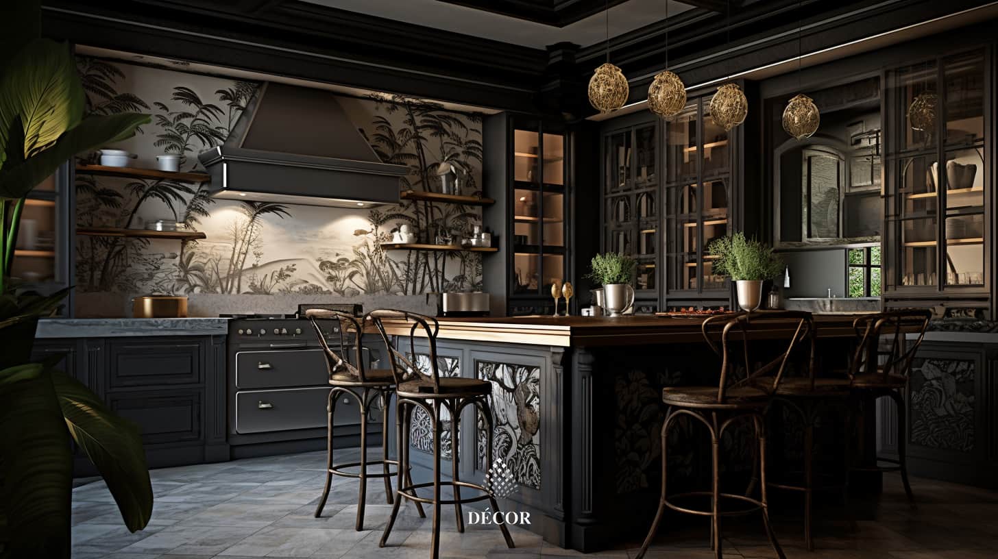Thiết kế bếp Indochine với tông màu đen mờ sang trọng, kết hợp giữa các yếu tố Á Đông.