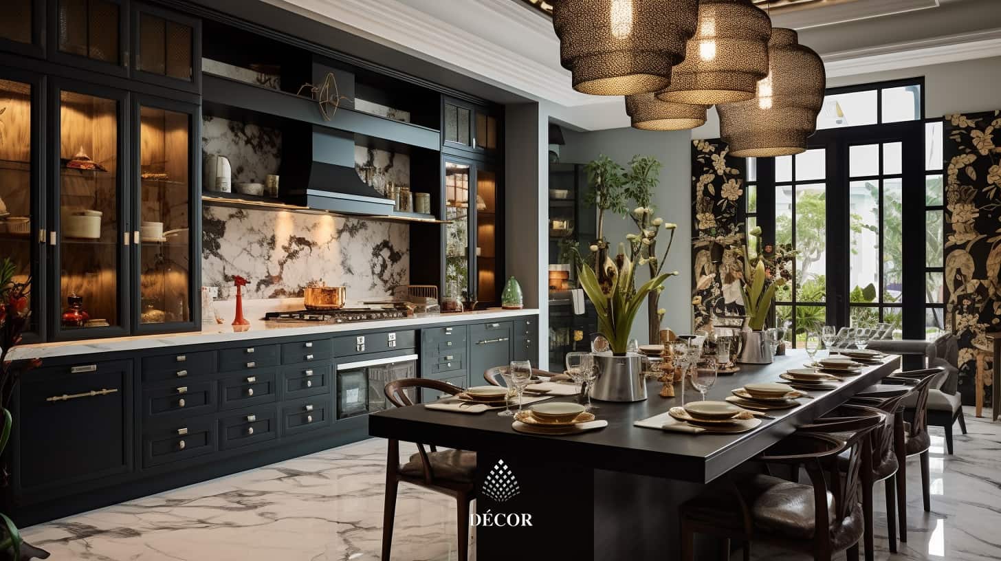 Mẫu bếp chữ I mang phong cách Indochine kết hợp bàn ăn dài