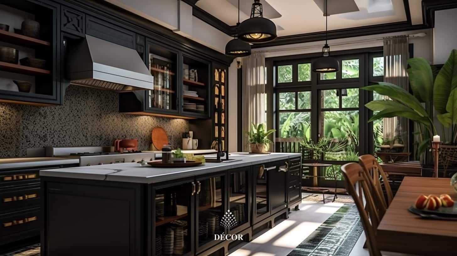 Phòng bếp với đầy đủ công năng được thiết kế đậm nét Đông Dương.