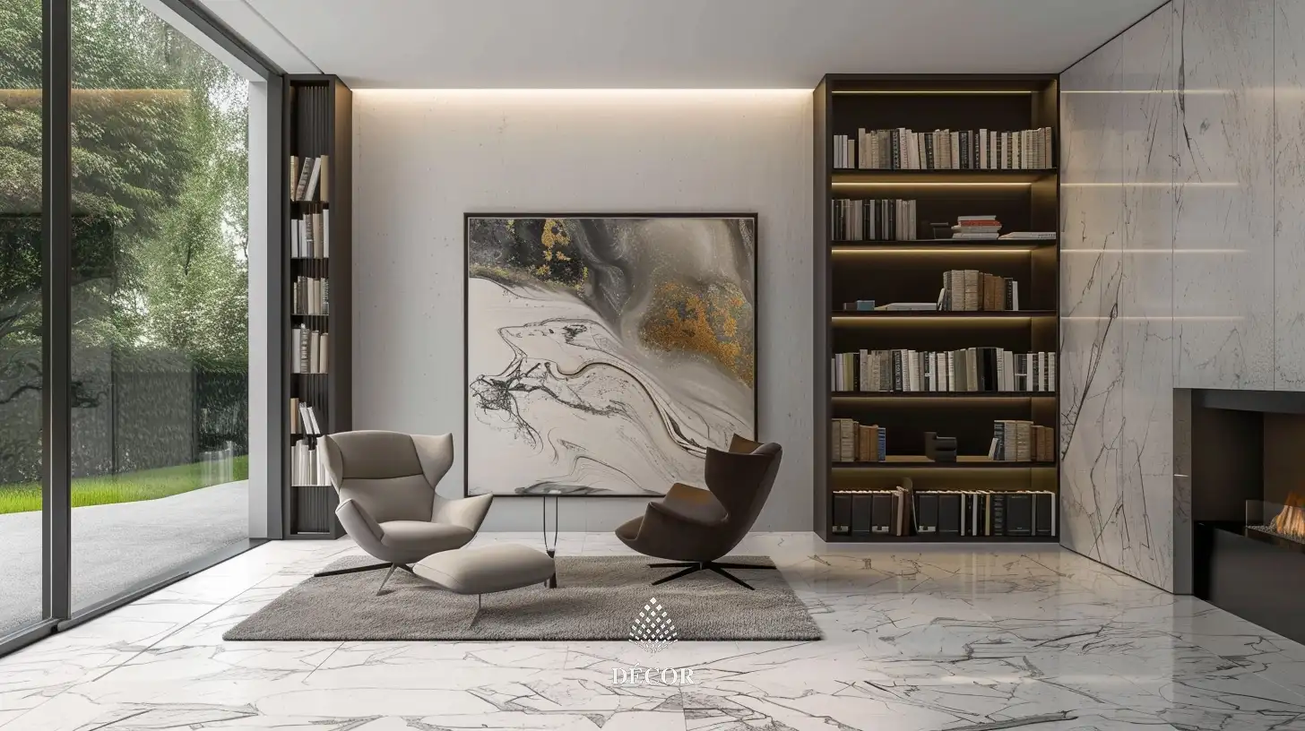 Phòng đọc sách minimalist, thiết kế tối giản, không gian mở