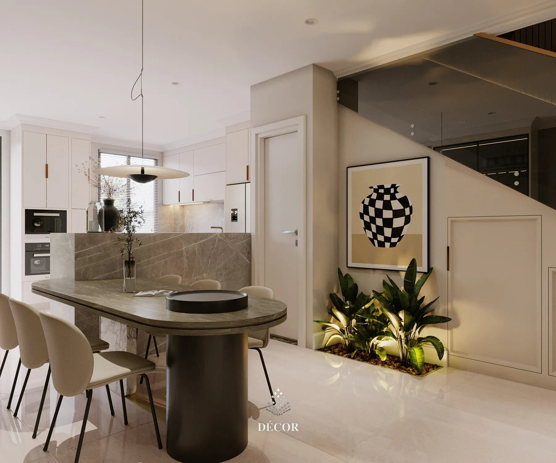 Thiết kế Modern Classic trong phòng ăn sang trọng bởi gam màu xám, be