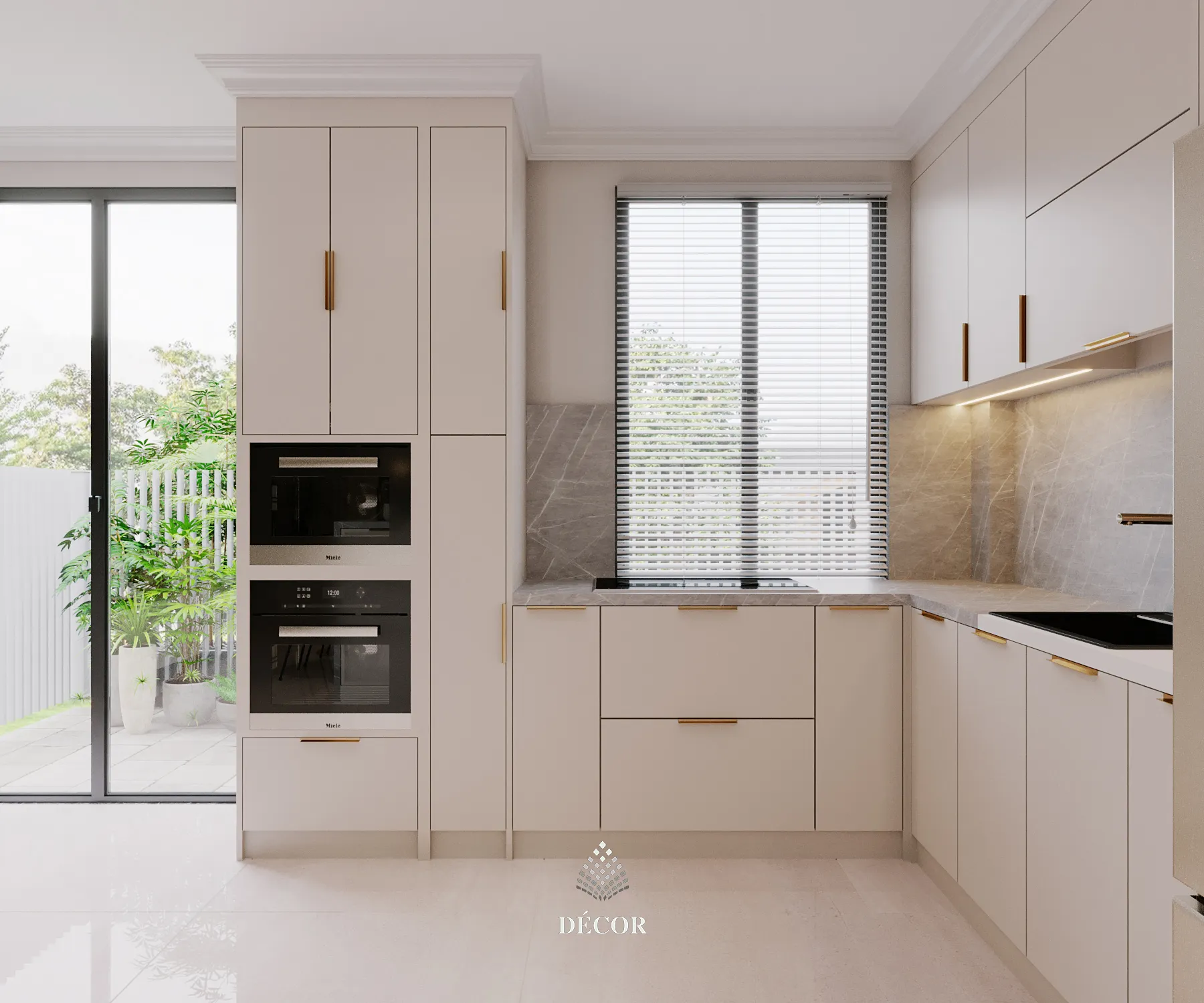 Thiết kế bếp vuông tối giản hiện đại kết hợp với những chi tiết cổ điểm sang trọng