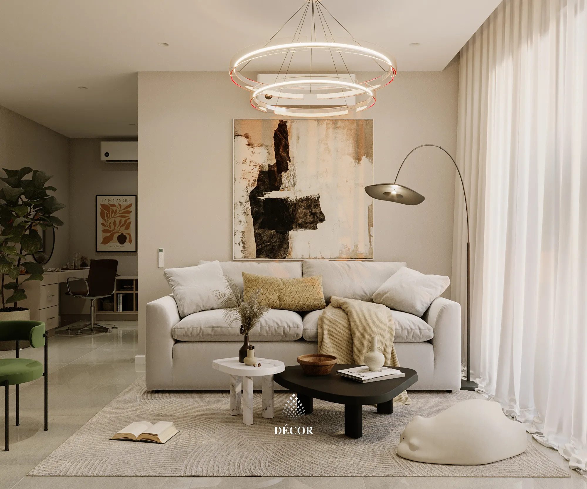 Phòng khách tông màu kem nhẹ nhàng, sofa hiện đại.