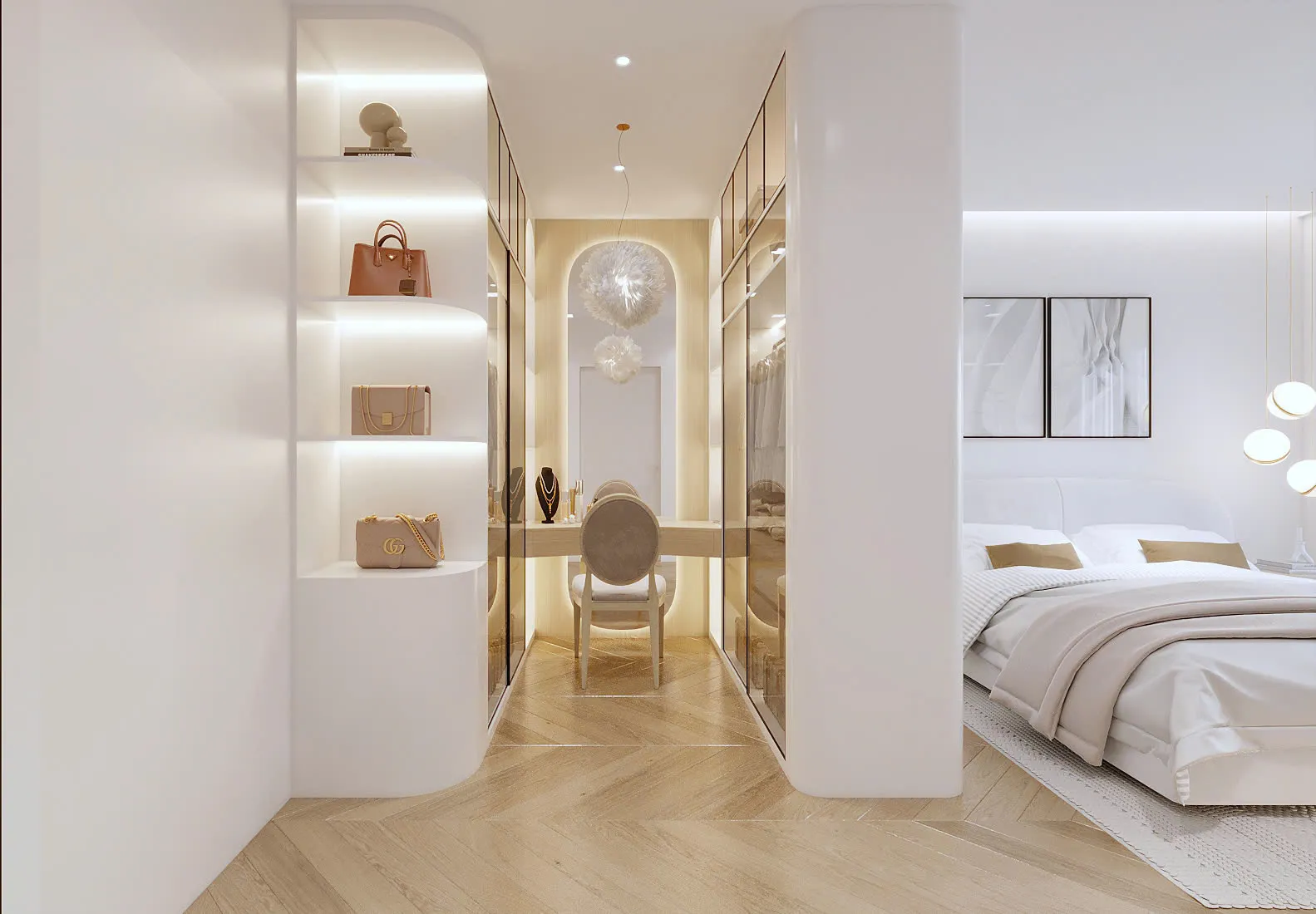 Không gian Walk in closet hiện đại sang trọng, các chi tiết được bo cong mềm mại