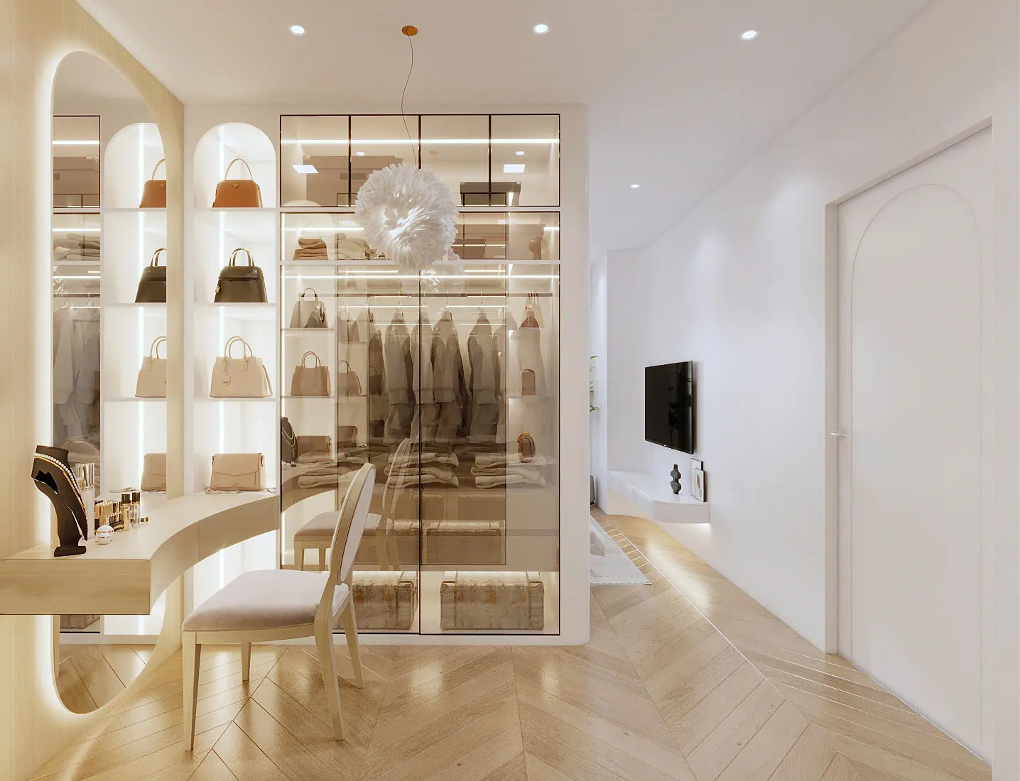 Thiết kế phòng Walk in closet hiện đại sang trọng với cánh kính, nội thất tiện nghi