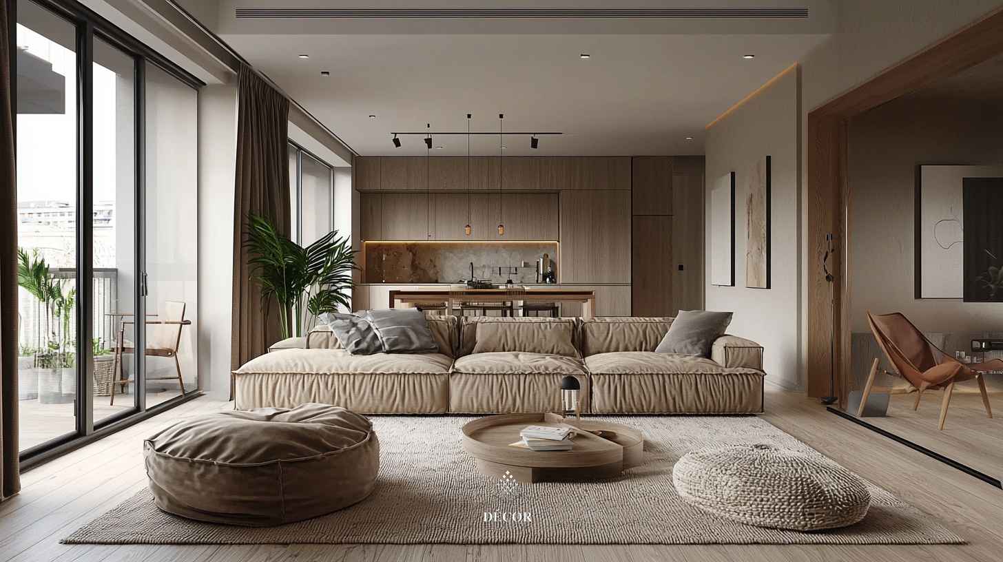 Phòng khách phong cách quiet luxury màu mocha mousse