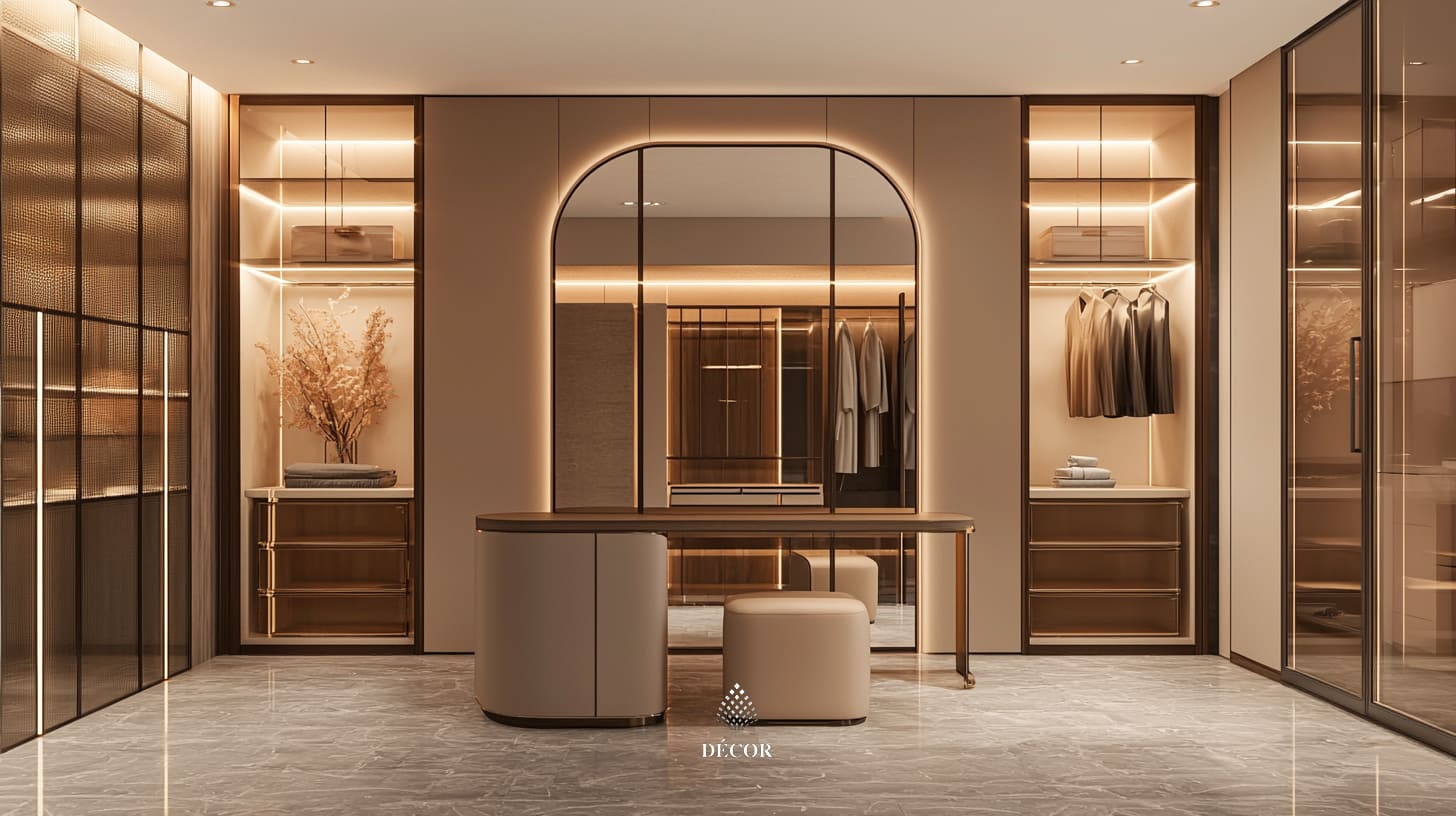 walk in closet phong cách tối giản kết hợp màu trung tính không gian sang trọng