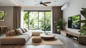 Phòng khách mang phong cách hiện đại kết hợp thiết kế văn hoá Việt
