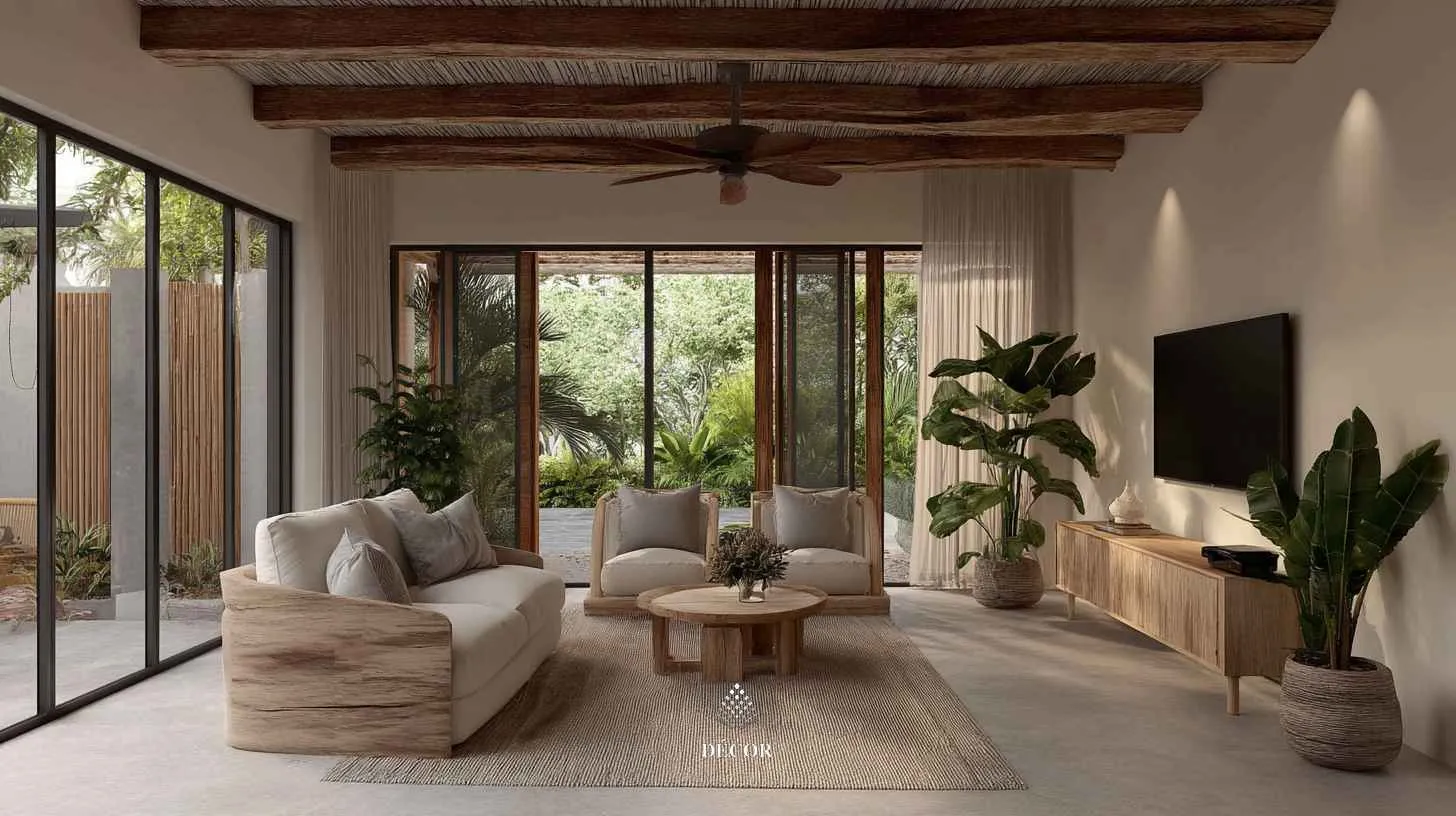 Thiết kế Rustic Modern phòng khách sử dụng gỗ tự nhiên