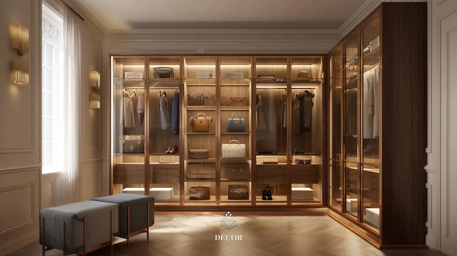 Walk in closet sang trọng hiện đại, cánh kính veneer óc chó