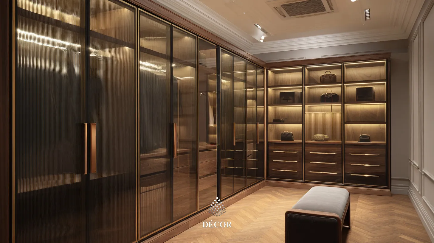Walk in closet veneer gỗ óc chó hiện đại sang trọng