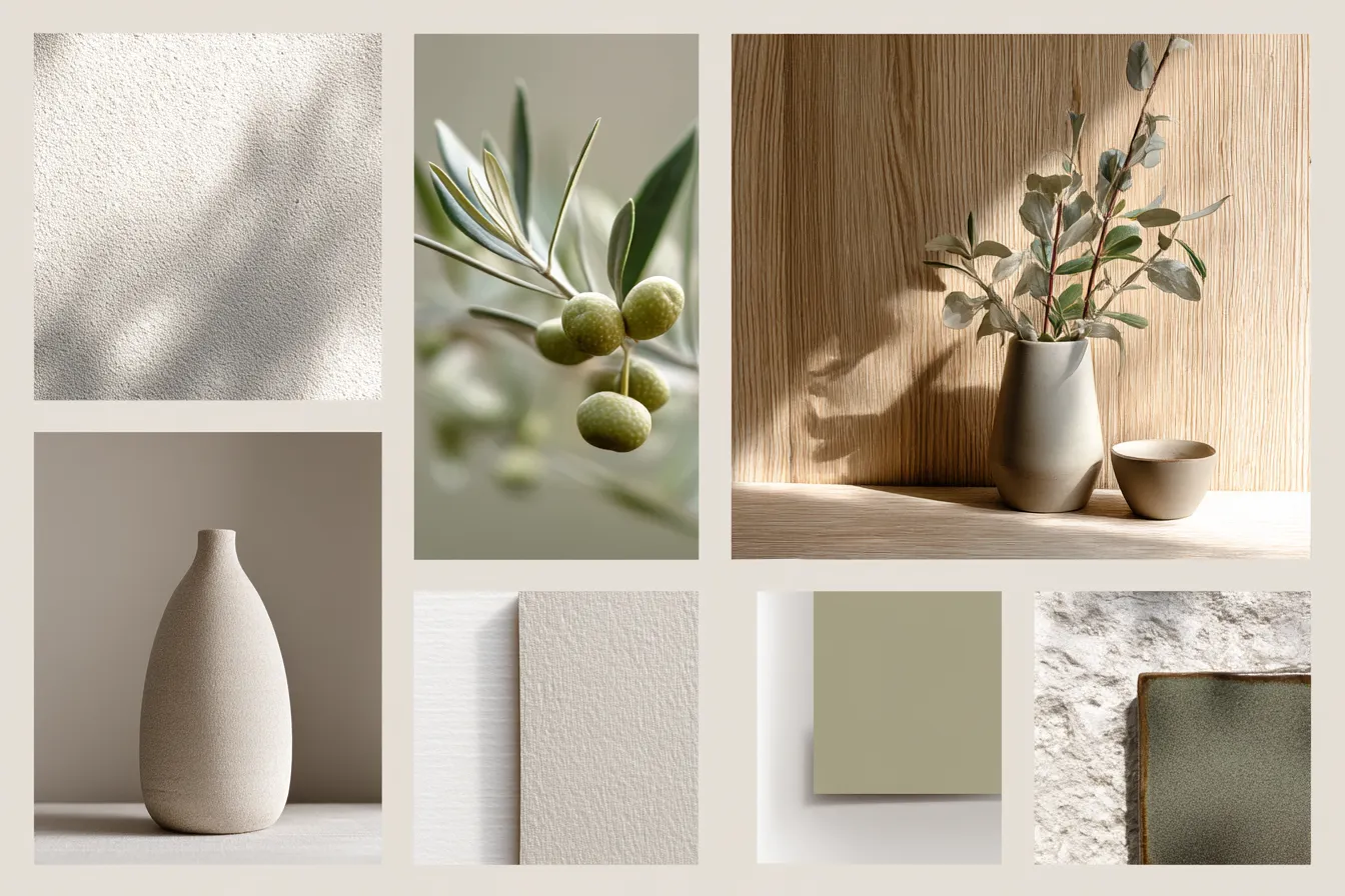 Moodboard bảng màu Japandi 2026 với off-white, greige, gỗ sáng và olive nhạt