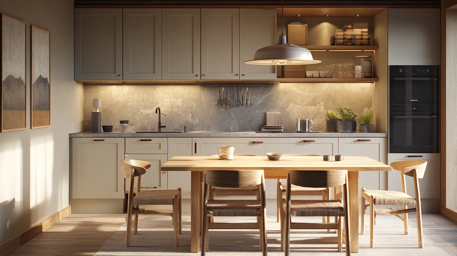 Phòng bếp Japandi 2026 với linen và ánh sáng mềm ấm