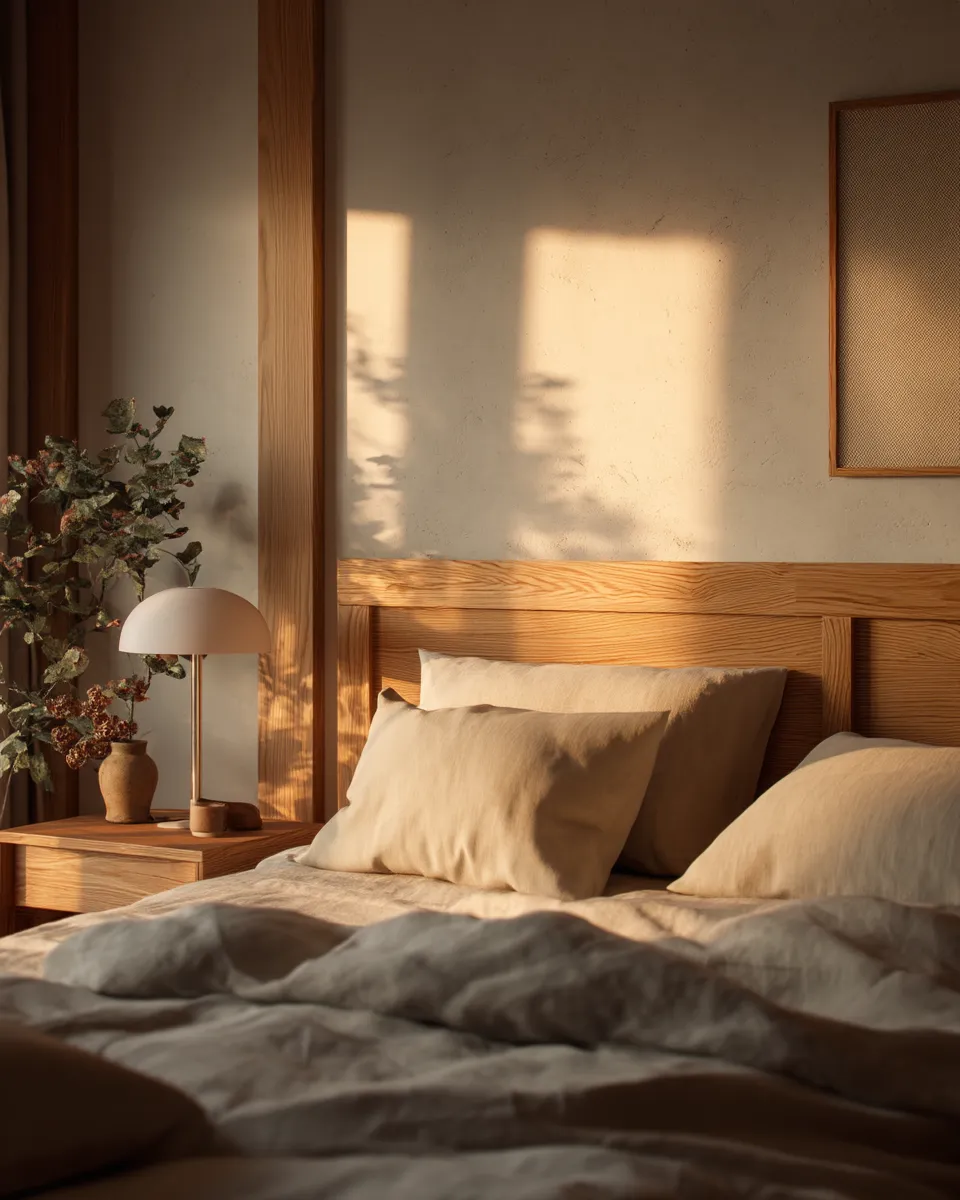 Phòng ngủ Japandi 2026 với linen và ánh sáng mềm ấm