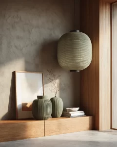 • Góc Japandi nhấn xanh olive/sage và đèn paper lamp ánh sáng ấm