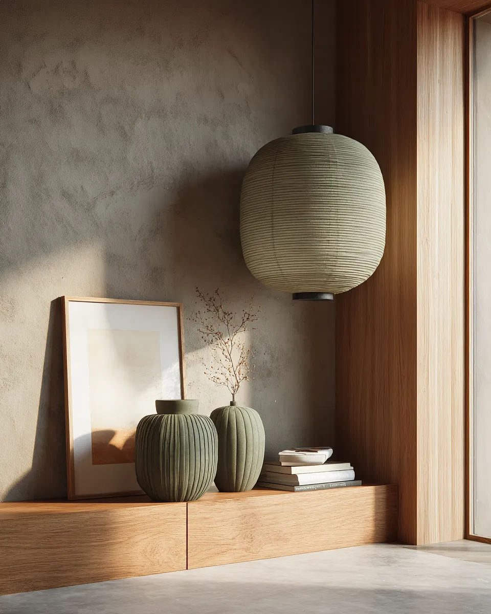 • Góc Japandi nhấn xanh olive/sage và đèn paper lamp ánh sáng ấm