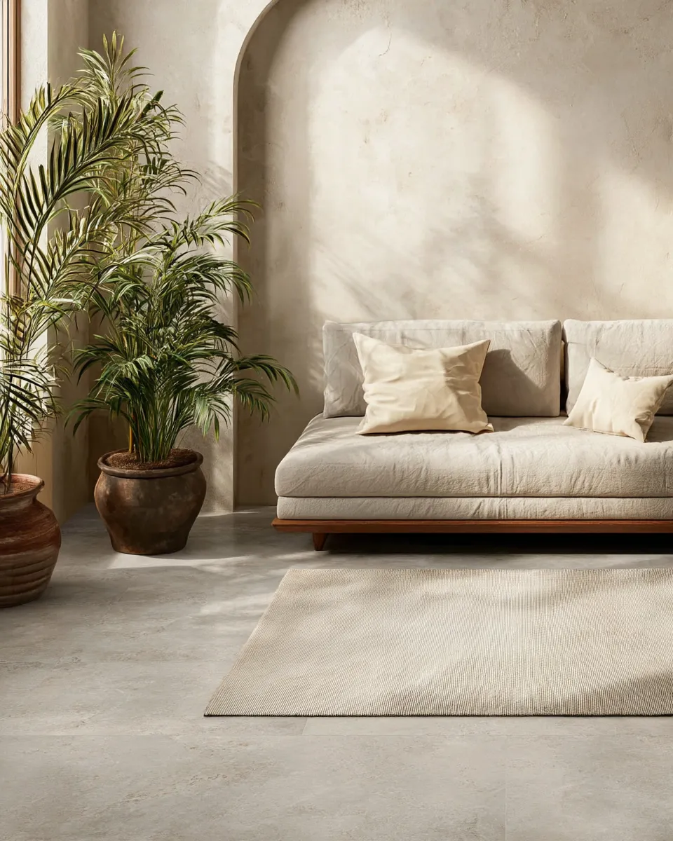 Thiết kế phòng khách sử dụng sàn SPC hiệu ứng Microcemen